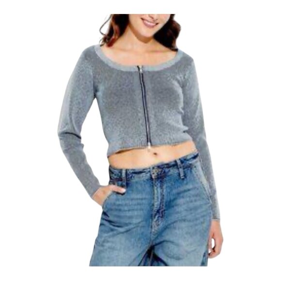 Wild Fable Striped Blue and White Zip-Up Cardigan Medium Cropped Ribbed Fitted - Picture 1 of 9